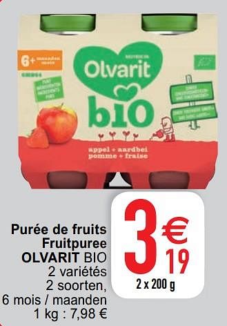 Promotions Purée de fruits fruitpuree olvarit bio - Olvarit - Valide de 07/04/2020 à 11/04/2020 chez Cora