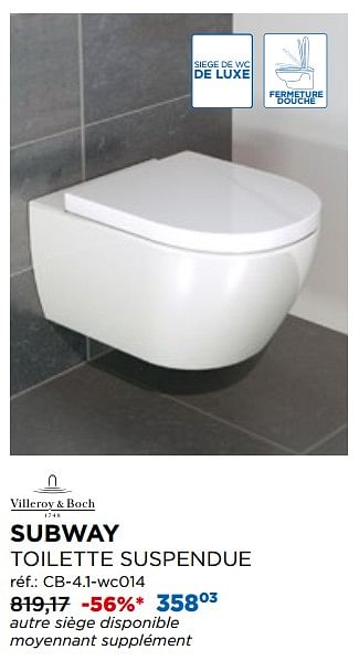 Promotions Smartflush toilettes suspendues subway - Villeroy & boch - Valide de 01/04/2020 à 30/04/2020 chez X2O