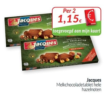 Promotions Jacques melkchocoladetablet hele hazelnoten - Jacques - Valide de 01/04/2020 à 30/04/2020 chez Intermarche