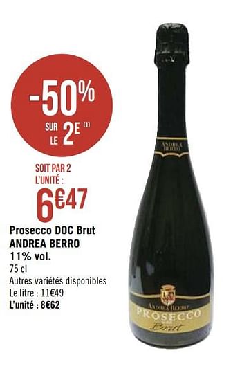 Vin pétillant Prosecco brut Andréa Berro - 75cl