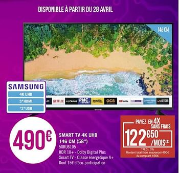Promotions Samsung smart tv 4k uhd 146 cm 58`` 58ru6105 - Samsung - Valide de 20/04/2020 à 17/05/2020 chez Géant Casino