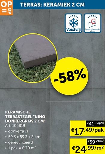 Promoties Keramische terrastegel nino donkergrijs - Huismerk - Zelfbouwmarkt - Geldig van 04/05/2020 tot 25/05/2020 bij Zelfbouwmarkt