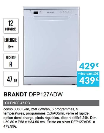 Promoties Lave-vaisselle brandt dfp127adw - Brandt - Geldig van 01/04/2020 tot 30/09/2020 bij Copra