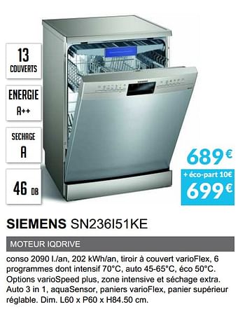 Promotions Lave-vaisselle siemens sn236i51ke - Siemens - Valide de 01/04/2020 à 30/09/2020 chez Copra