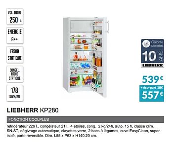 Promotions Réfrigérateur liebherr kp280 - Liebherr - Valide de 01/04/2020 à 30/09/2020 chez Copra
