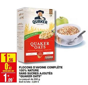 Promotions Flocons d`avoine complète 100% nature sans sucres ajoutés quaker oats - Quaker - Valide de 06/05/2020 à 17/06/2020 chez Coccinelle