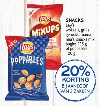 Promoties Snacks lay`s 20% korting bij aankoop van 2 zakken - Lay's - Geldig van 20/05/2020 tot 02/06/2020 bij Alvo