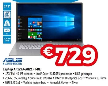 Promoties Asus laptop a712fa-au217t-be - Asus - Geldig van 07/05/2020 tot 30/06/2020 bij Exellent