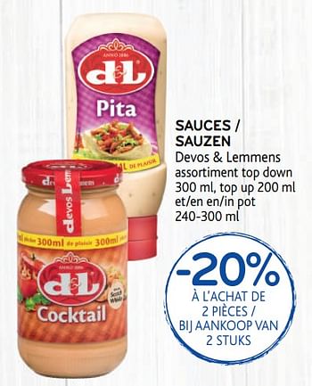 Promotions Sauces devos + lemmens -20% à l`achat de 2 pièces - Devos Lemmens - Valide de 20/05/2020 à 02/06/2020 chez Alvo