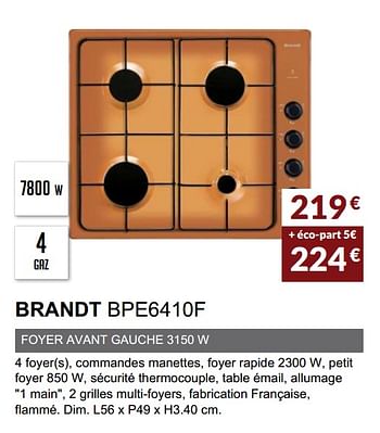 Promotions Table gaz brandt bpe6410f - Brandt - Valide de 01/04/2020 à 30/09/2020 chez Copra
