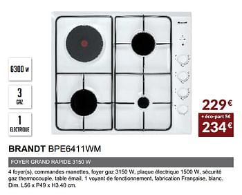 Promotions Table mixte brandt bpe6411wm - Brandt - Valide de 01/04/2020 à 30/09/2020 chez Copra