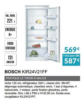 Promotions Rèfrigèrateur bosch kir24v21ff - Bosch - Valide de 01/04/2020 à 30/09/2020 chez Copra