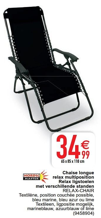 Promoties Chaise longue relax multiposition relax ligstoelen met verschillende standen relax-chair - Nordic Master - Geldig van 19/05/2020 tot 30/05/2020 bij Cora