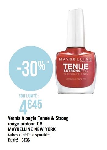 Promoties Vernis à ongle tenue + strong rouge profond 06 maybelline new york - Maybelline - Geldig van 18/05/2020 tot 31/05/2020 bij Géant Casino