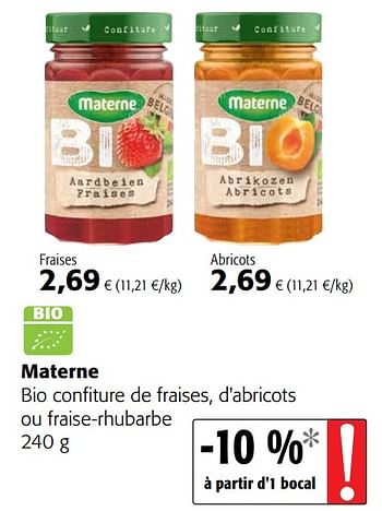 Promoties Materne bio confiture de fraises, d`abricots ou fraise-rhubarbe - Materne - Geldig van 20/05/2020 tot 02/06/2020 bij Colruyt