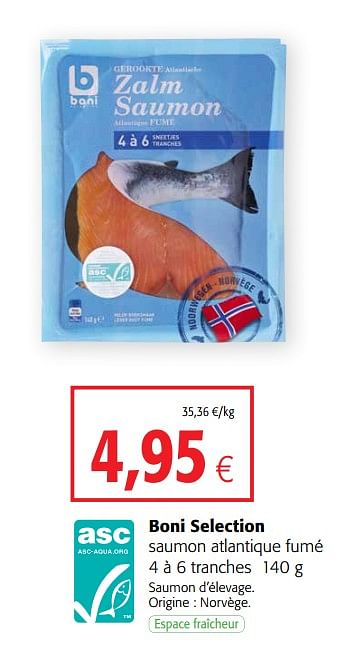 Promotions Boni selection saumon atlantique fumé - Boni - Valide de 20/05/2020 à 02/06/2020 chez Colruyt