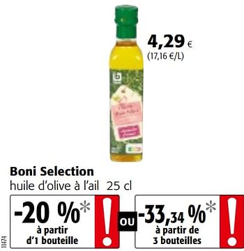 Promotions Boni selection huile d`olive à l`ail - Boni - Valide de 20/05/2020 à 02/06/2020 chez Colruyt