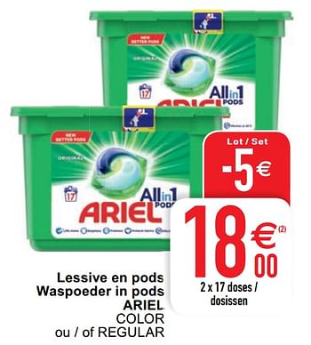 Promoties Lessive en pods waspoeder in pods ariel color ou - of regular - Ariel - Geldig van 25/05/2020 tot 30/05/2020 bij Cora