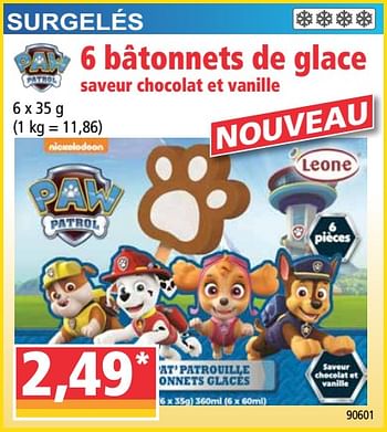 Promotions 6 bâtonnets de glace saveur chocolat et vanille - PAW  PATROL - Valide de 27/05/2020 à 02/06/2020 chez Norma