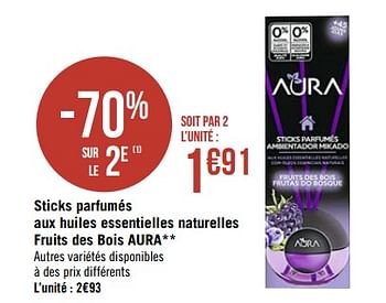 Promoties Sticks parfumés aux huiles essentielles naturelles fruits des bois aura - Aura - Geldig van 25/05/2020 tot 31/05/2020 bij Géant Casino