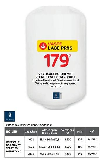 Promoties Verticale boiler met steatietweerstand - Van Marcke - Geldig van 20/05/2020 tot 01/06/2020 bij BricoPlanit