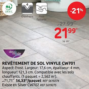 Promotions Revêtement de sol vinyle cw701 - DecoMode - Valide de 20/05/2020 à 01/06/2020 chez BricoPlanit