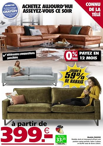 Promotions Modèle pancho - Produit maison - Seats and Sofas - Valide de 25/05/2020 à 31/05/2020 chez Seats and Sofas