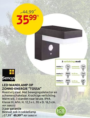 Promoties Led-wandlamp op zonne-energie tossa sencys - Sencys - Geldig van 03/06/2020 tot 15/06/2020 bij BricoPlanit