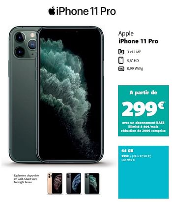Promotions Apple iphone 11 pro 64 gb - Apple - Valide de 25/05/2020 à 30/06/2020 chez Base