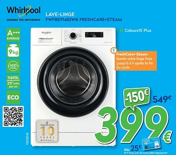 Promotions Whirlpool lave-linge fwfbe91483wk freshcare+steam - Whirlpool - Valide de 27/05/2020 à 30/06/2020 chez Krefel