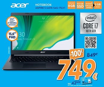Promotions Acer notebook aspire 5 a515-54g-75lv - Acer - Valide de 27/05/2020 à 30/06/2020 chez Krefel