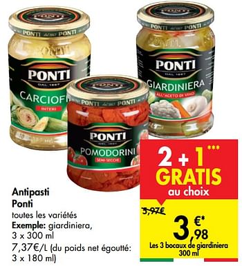 Promotions Antipasti ponti giardiniera - Ponti - Valide de 27/05/2020 à 08/06/2020 chez Carrefour