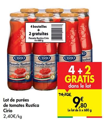 Promoties Lot de purées de tomates rustica cirio - CIRIO - Geldig van 27/05/2020 tot 08/06/2020 bij Carrefour