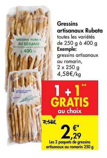 Promotions Gressins artisanaux rubata gressins artisanaux au romarin - Rubata - Valide de 27/05/2020 à 08/06/2020 chez Carrefour