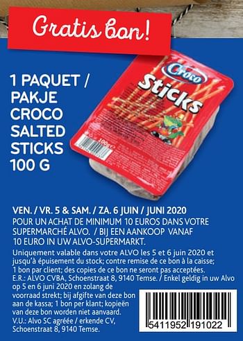 Promotions 1 paquet croco salted sticks - Croco - Valide de 03/06/2020 à 16/06/2020 chez Alvo