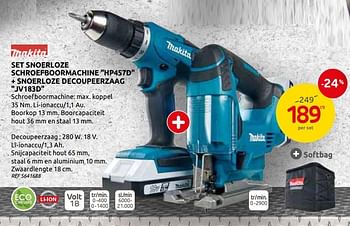 Promotions Makita set snoerloze schroefboormachine hp457d + snoerloze decoupeerzaag jv183d - Makita - Valide de 03/06/2020 à 15/06/2020 chez BricoPlanit