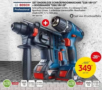 Promotions Bosch set snoerloze schroefboormachine gsr 18v-21 + boorhamer gbh 18v-20 - Bosch - Valide de 03/06/2020 à 15/06/2020 chez BricoPlanit