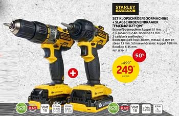 Promotions Stanley set klopschroefboormachine + slagschroevendraaier fmck461d2t-qw - Stanley - Valide de 03/06/2020 à 15/06/2020 chez BricoPlanit