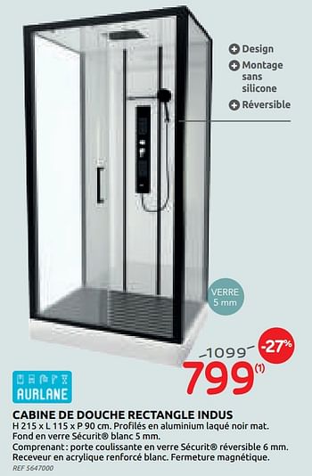 Promotions Cabine de douche rectangle indus - Aurlane - Valide de 03/06/2020 à 15/06/2020 chez Brico