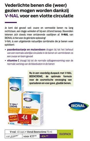 Promotions V-nal 40 caps + venal beencrème - Bional - Valide de 01/06/2020 à 30/06/2020 chez Mannavita