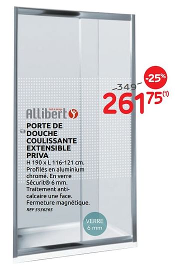 Promotions Porte de douche coulissante extensible priva - Allibert - Valide de 03/06/2020 à 15/06/2020 chez BricoPlanit