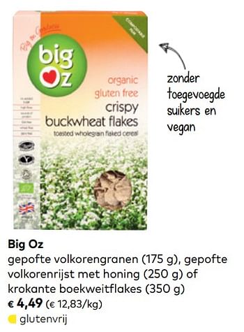 Promoties Big oz gepofte volkorengranen gepofte volkorenrijst met honing of krokante boekweitflakes - Big Oz  - Geldig van 03/06/2020 tot 30/06/2020 bij Bioplanet