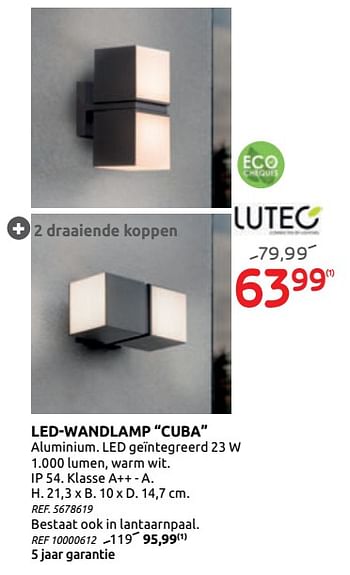 Promotions Led-wandlamp cuba lutec - Lutec - Valide de 17/06/2020 à 29/06/2020 chez BricoPlanit