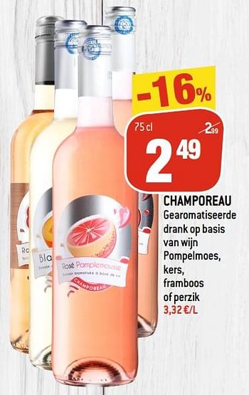 Promoties Champoreau gearomatiseerde drank op basis van wijn pompelmoes kers framboos of perzik - Champoreau - Geldig van 17/06/2020 tot 08/07/2020 bij Match