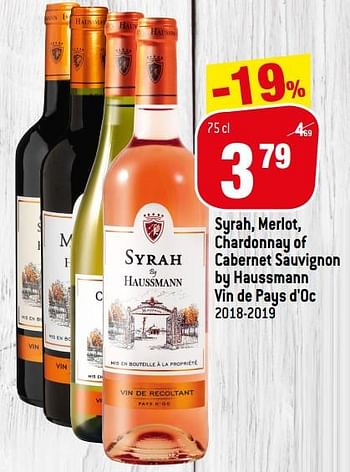 Promoties Syrah merlot chardonnay of cabernet sauvignon by haussmann vin de pays d`oc - Rode wijnen - Geldig van 17/06/2020 tot 08/07/2020 bij Match