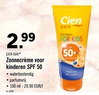 Promoties Zonnecrème voor kinderen spf 50 - Cien sun - Geldig van 29/06/2020 tot 04/07/2020 bij Lidl