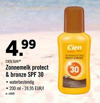 Promotions Zonnemelk protect + bronze spf 30 - Cien sun - Valide de 29/06/2020 à 04/07/2020 chez Lidl