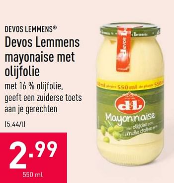 Promoties Devos lemmens mayonaise met olijfolie - Devos Lemmens - Geldig van 30/06/2020 tot 10/07/2020 bij Aldi