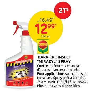 Promotions Barrière insect mirazyl spray - Compo - Valide de 01/07/2020 à 13/07/2020 chez BricoPlanit