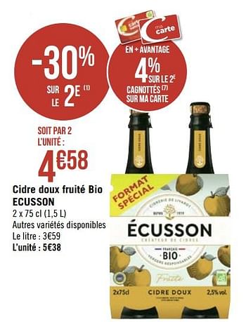 Promotions Cidre doux fruité bio ecusson - Ecusson - Valide de 22/06/2020 à 05/07/2020 chez Géant Casino